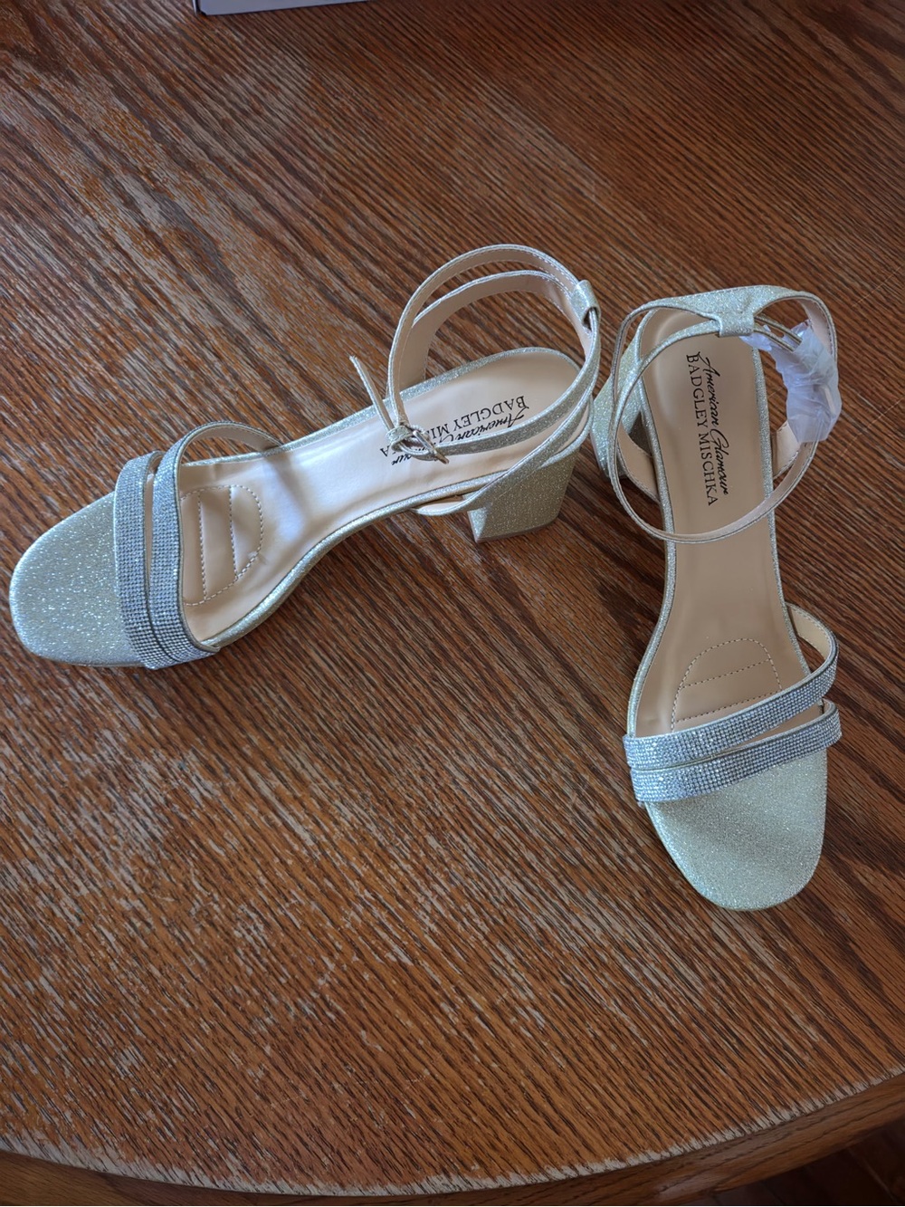 Glamour Gold Glitter Block Heel Sandals with Rhinestone Straps